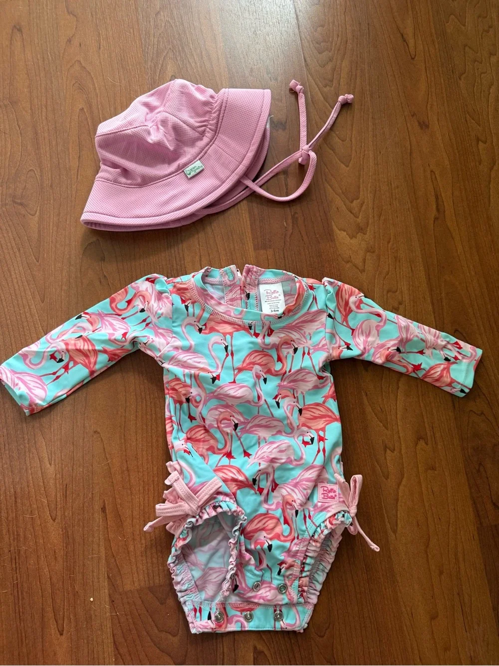 Ruffle Butts Pink & Aqua Flamingo One-Piece Swim with hat